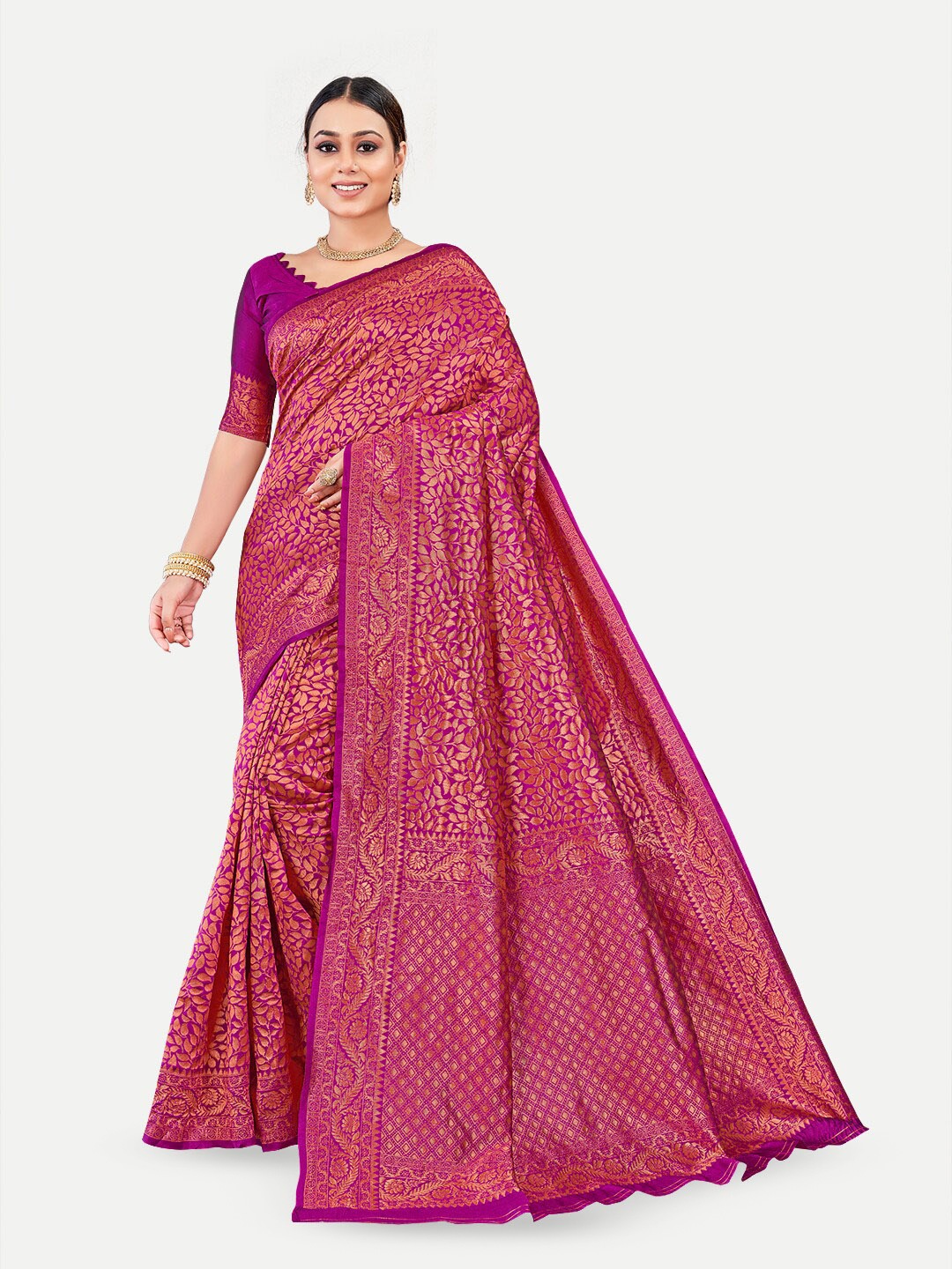 

TAVAS Ethnic Motifs Woven Design Zari Pure Georgette Banarasi Saree, Purple