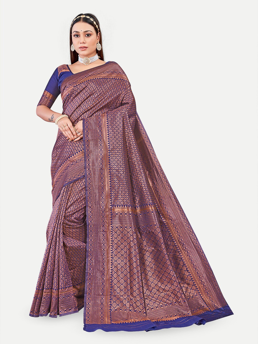 

TAVAS Ethnic Motifs Woven Design Zari Pure Georgette Banarasi Saree, Navy blue
