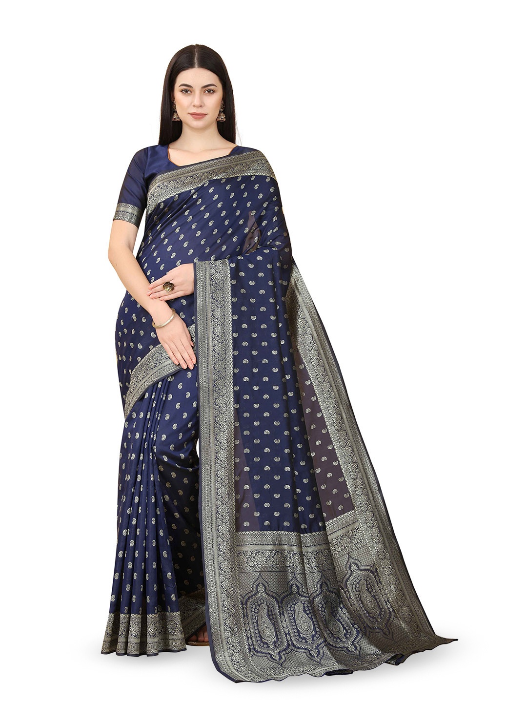 

TAVAS Paisley Woven Design Zari Pure Georgette Banarasi Saree, Navy blue