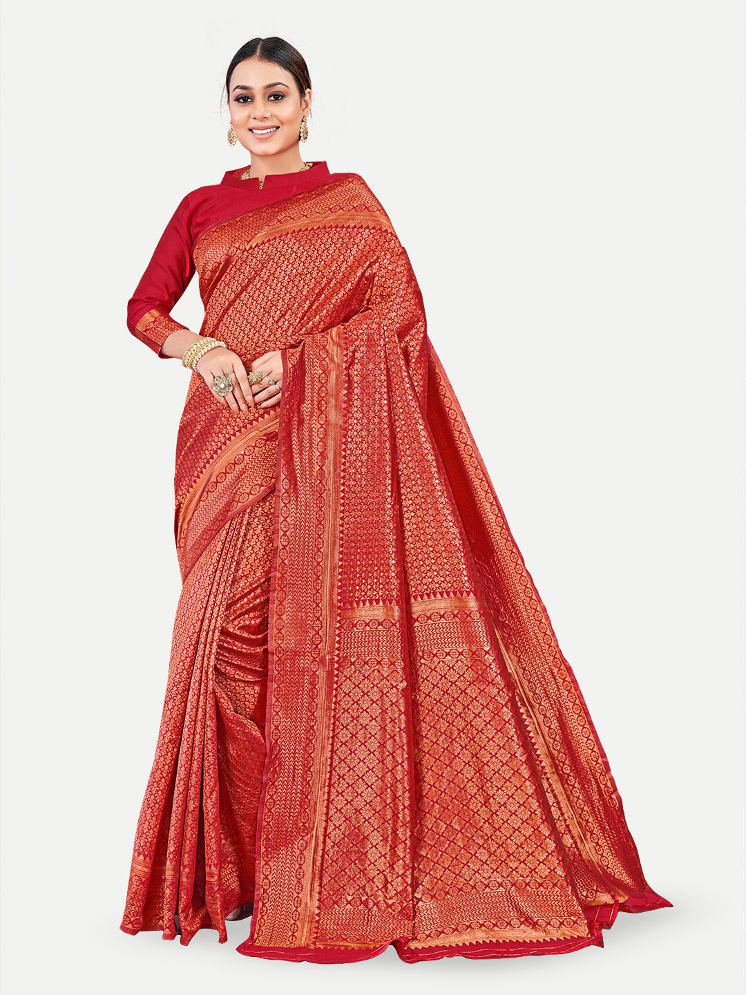 

TAVAS Ethnic Motifs Woven Design Zari Banarasi Saree, Red