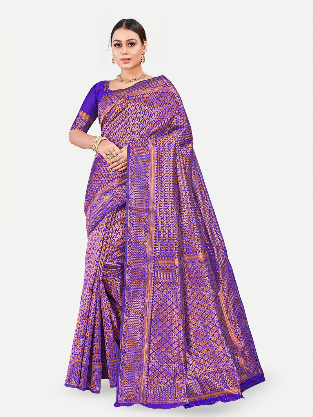 

TAVAS Ethnic Motifs Woven Design Zari Pure Georgette Banarasi Saree, Purple