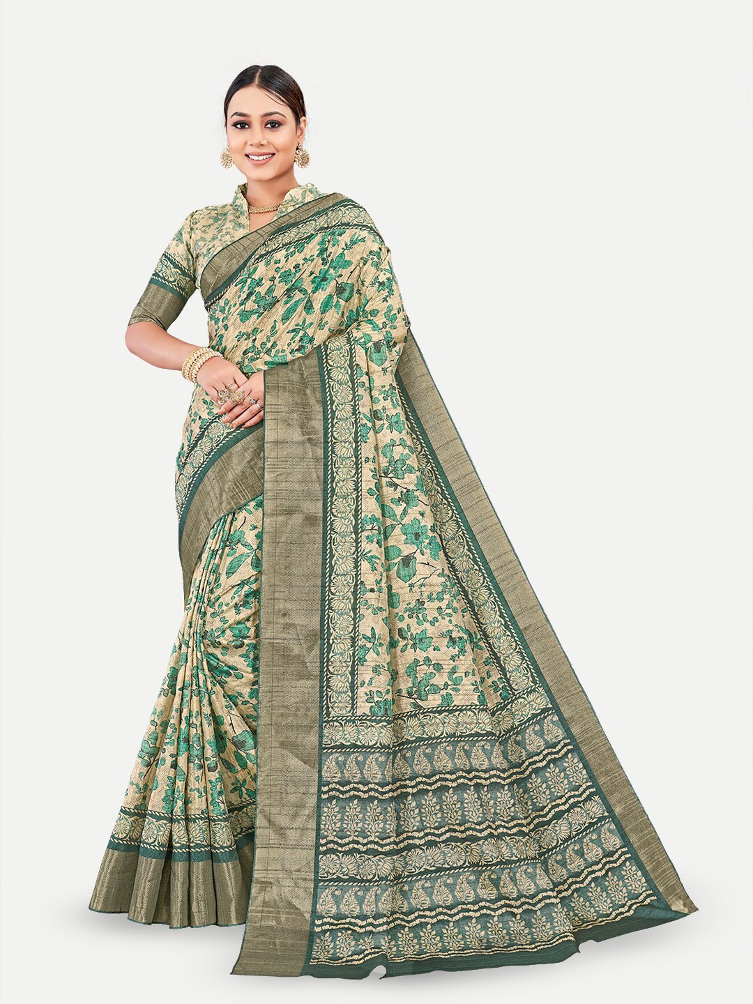 

TAVAS Floral Printed Kota Saree, Olive