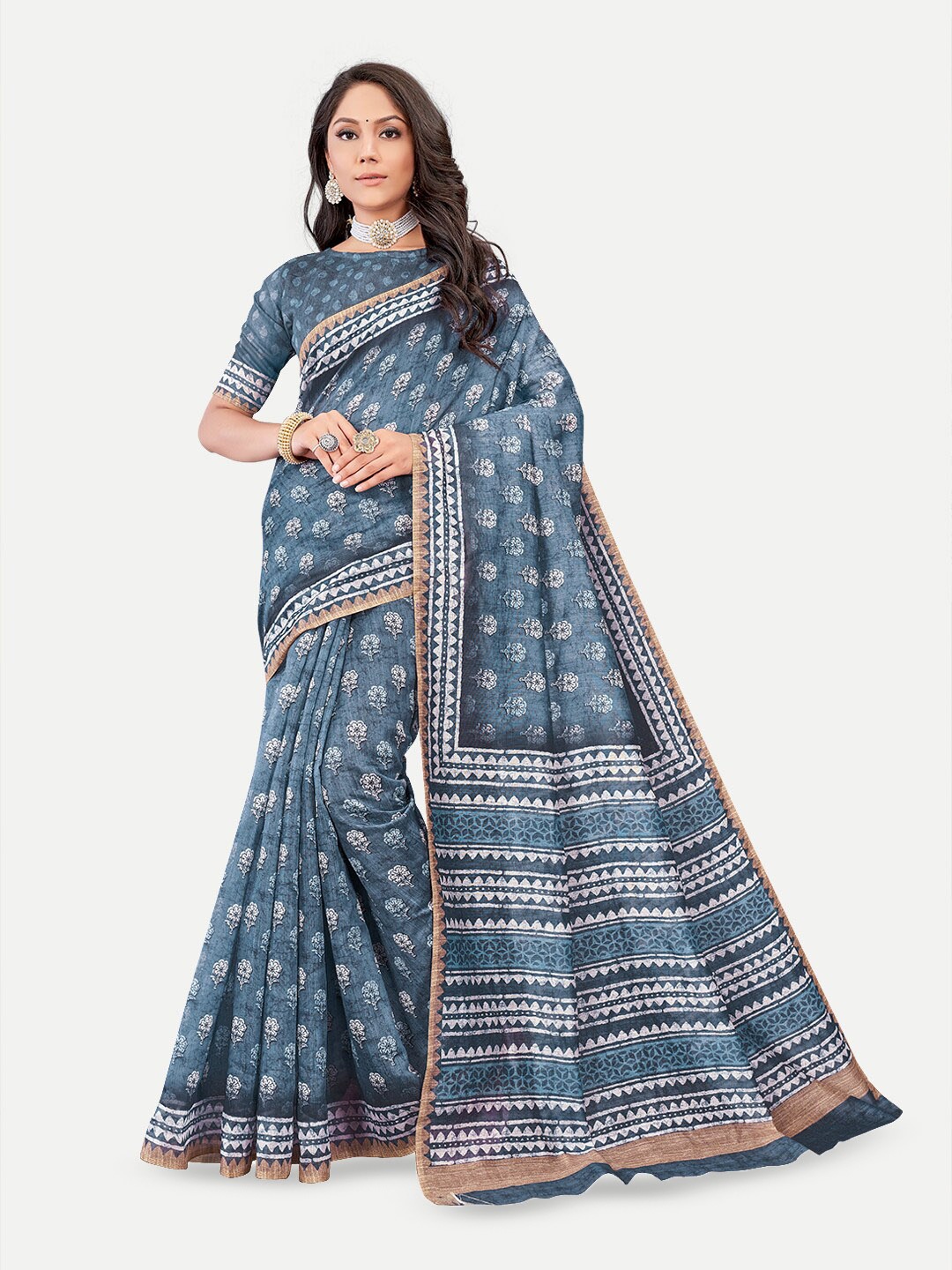 

TAVAS Floral Printed Chanderi Saree, Blue