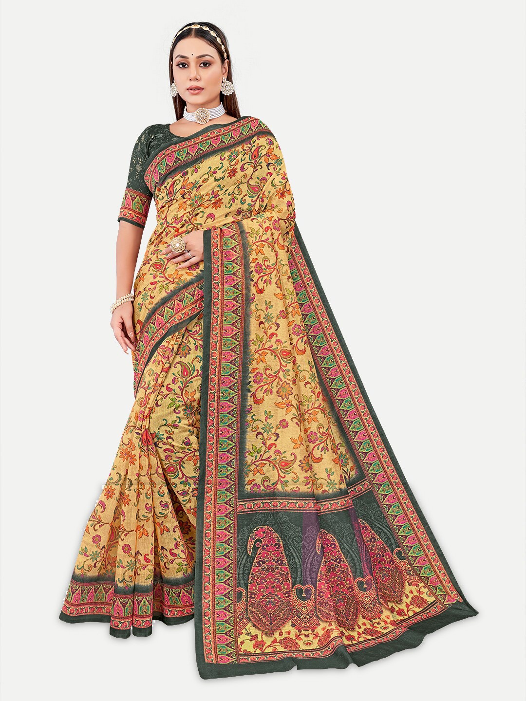 

TAVAS Floral Printed Chanderi Saree, Olive