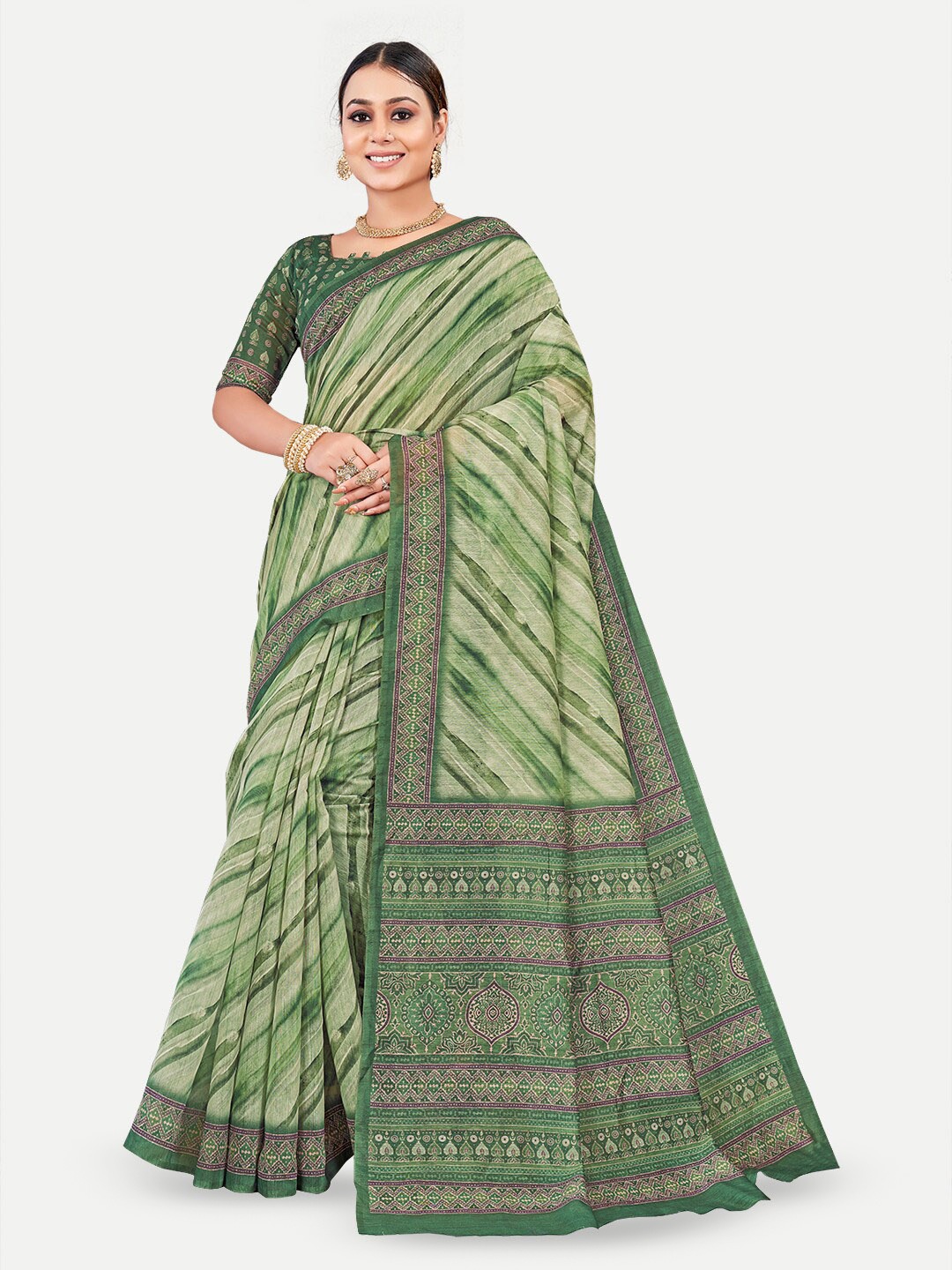 

TAVAS Striped Chanderi Saree, Green