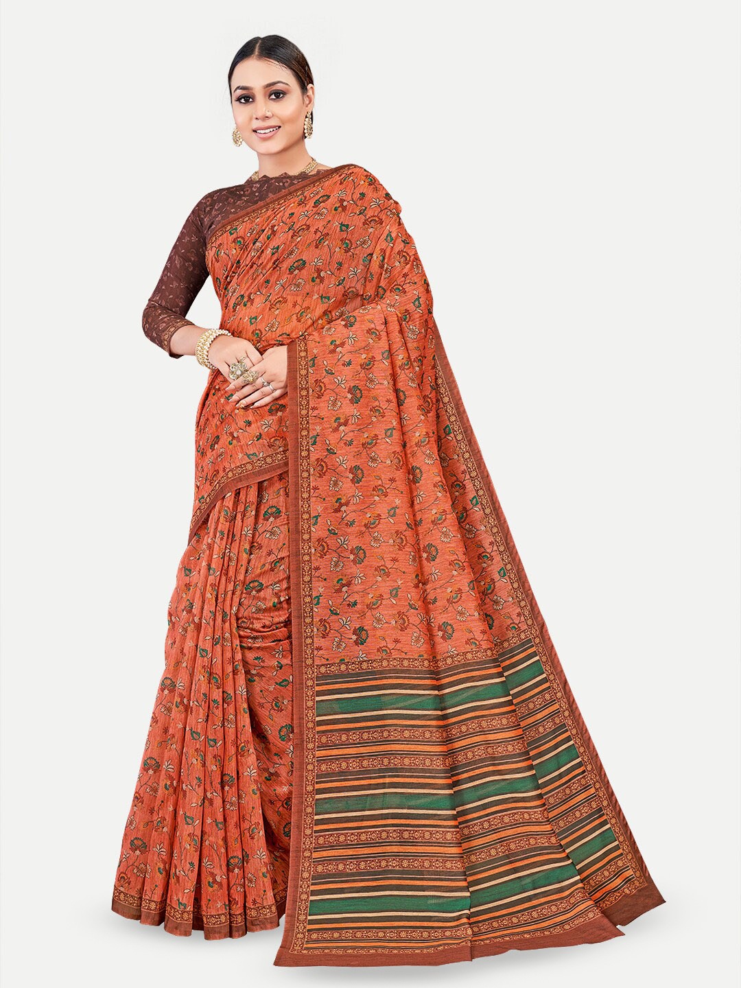 

TAVAS Floral Printed Silk Blend Chanderi Saree, Rust