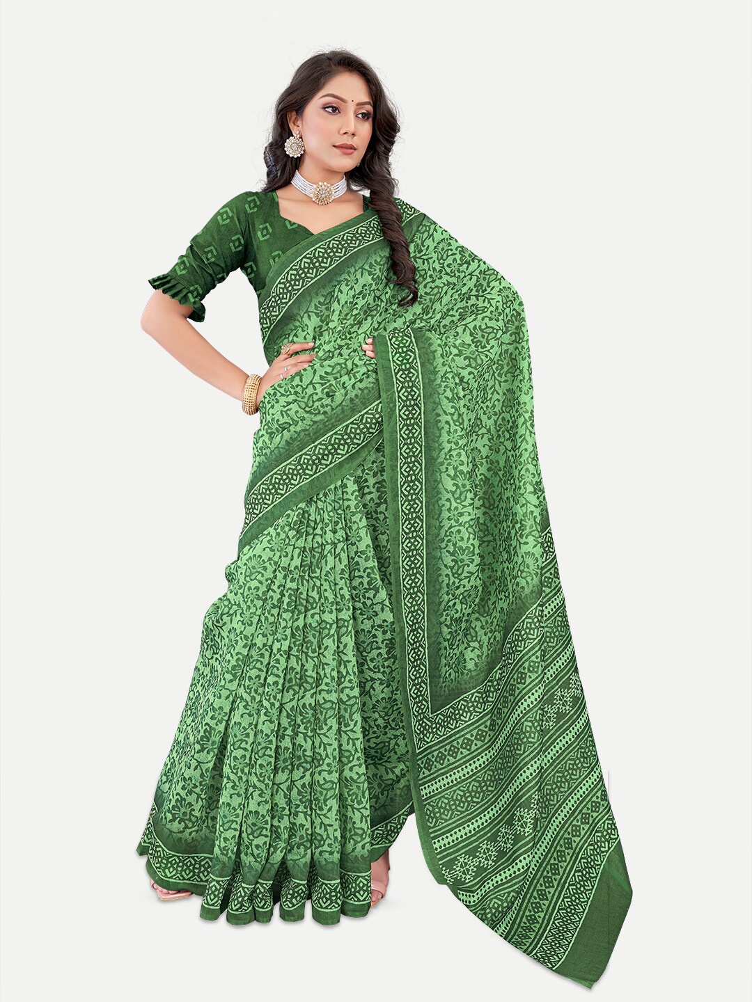 

TAVAS Ethnic Motifs Printed Silk Blend Chanderi Saree, Green