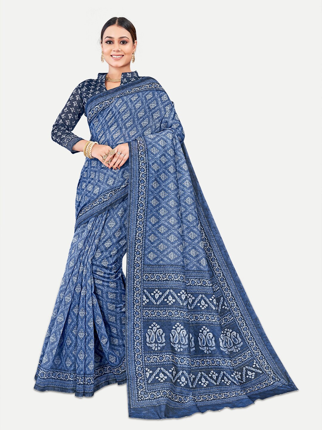 

TAVAS Ethnic Motifs Printed Chanderi Saree, Blue
