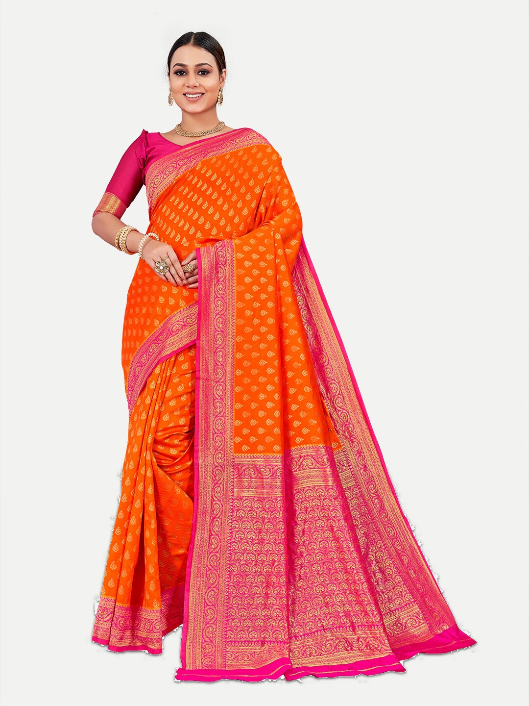 

TAVAS Ethnic Motifs Woven Design Zari Pure Georgette Banarasi Saree, Orange