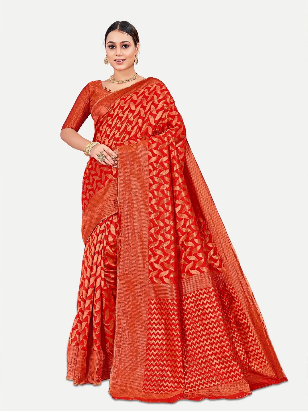 

TAVAS Ethnic Motifs Woven Design Zari Pure Georgette Banarasi Saree, Red