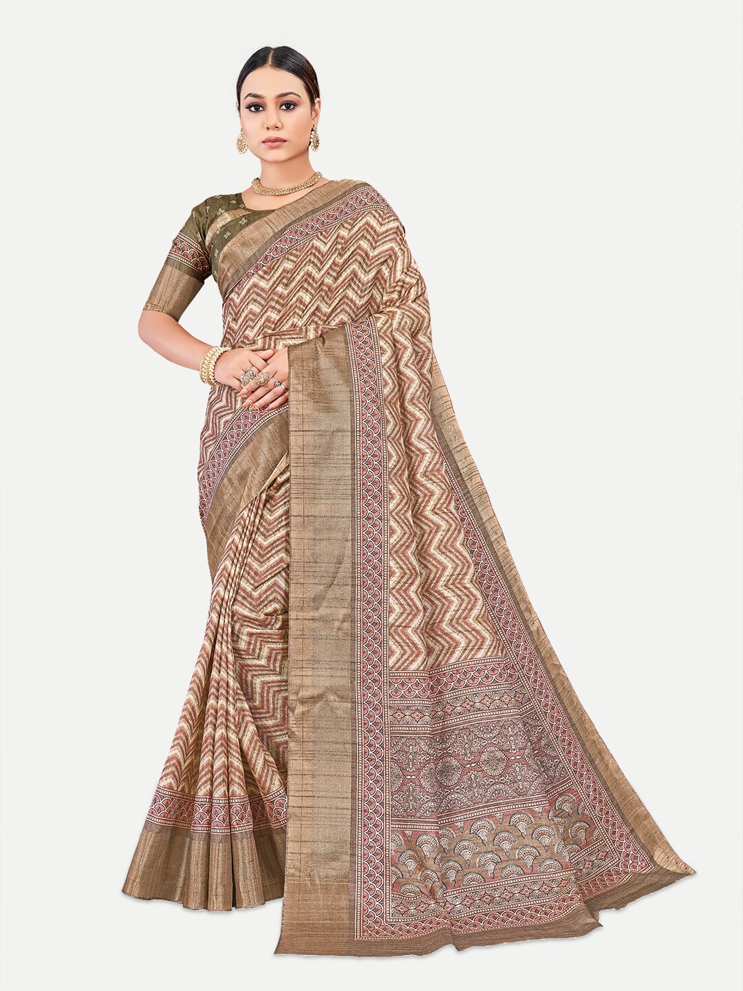 

TAVAS Striped Silk Blend Kota Saree, Brown