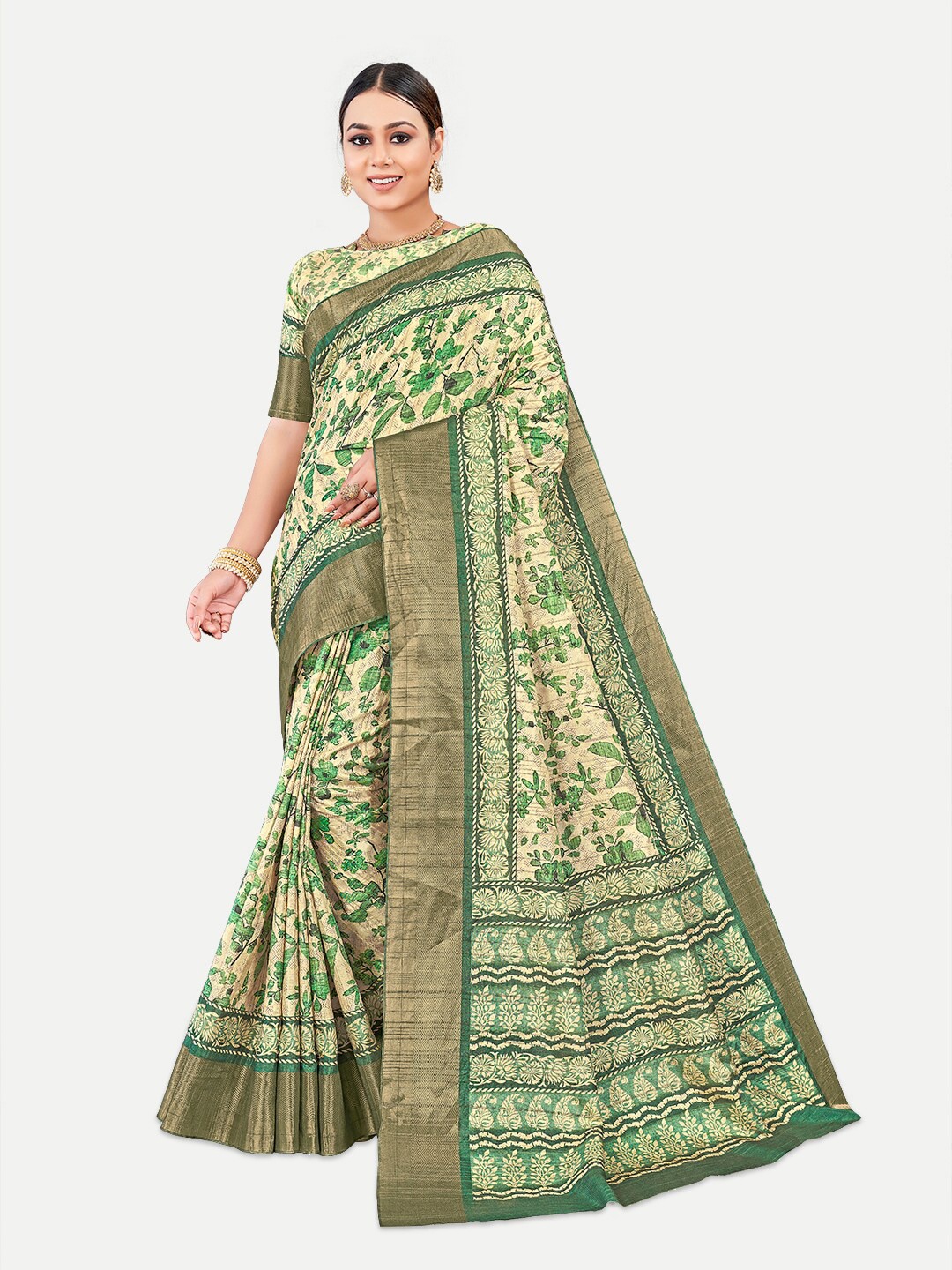 

TAVAS Floral Zari Silk Blend Kota Saree, Green