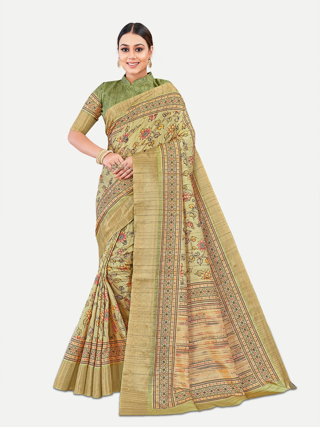 

TAVAS Floral Printed Zari Kota Saree, Green