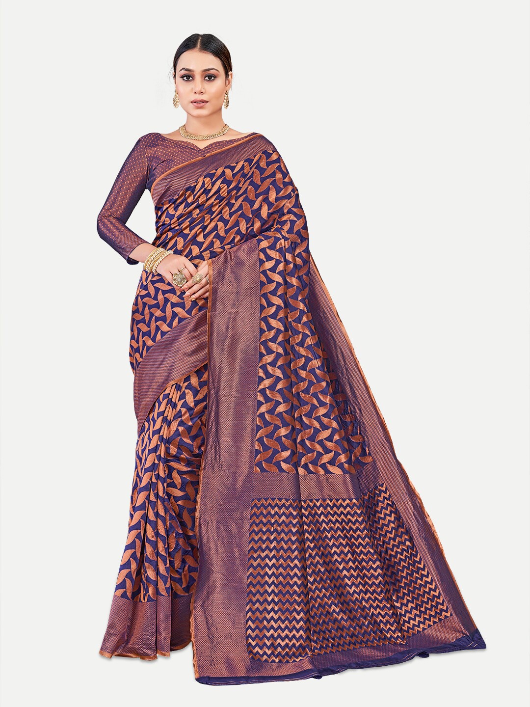 

TAVAS Woven Design Zari Pure Georgette Banarasi Saree, Navy blue