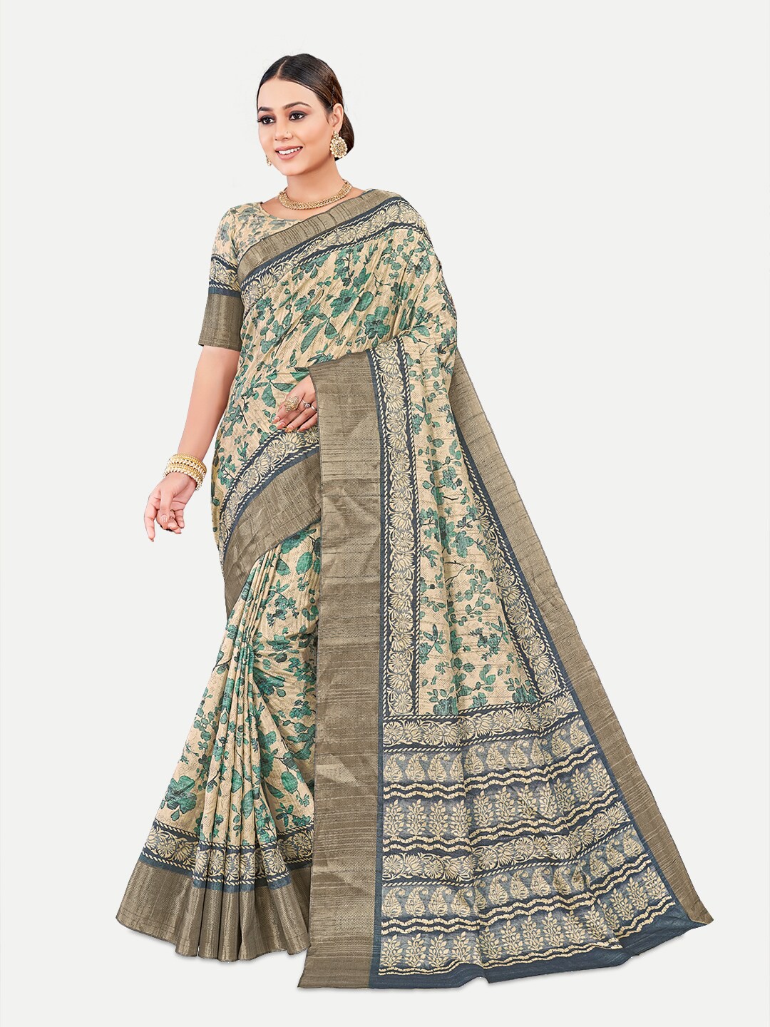 

TAVAS Floral Printed Zari Kota Saree, Blue