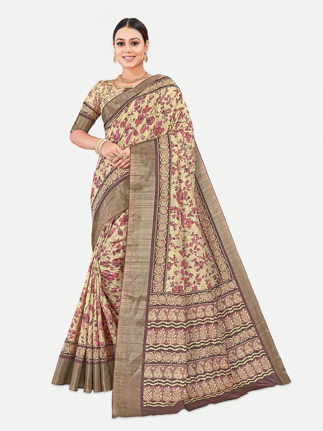 

TAVAS Floral Zari Silk Blend Kota Saree, Maroon