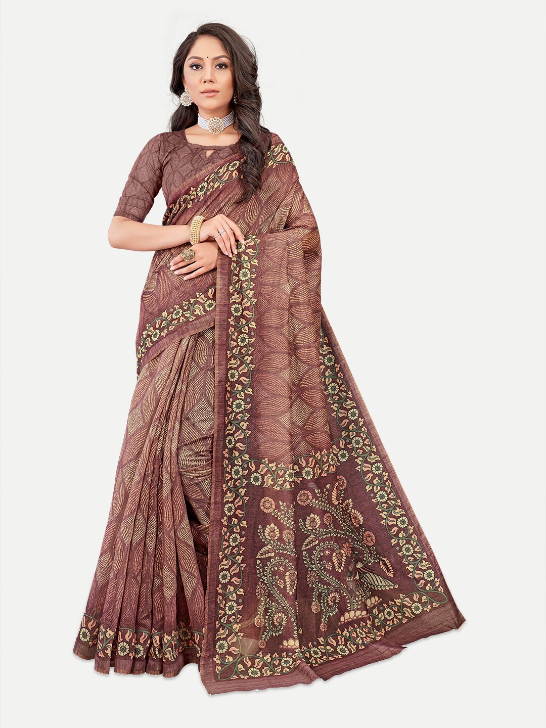 

TAVAS Ethnic Motifs Printed Chanderi Saree, Maroon