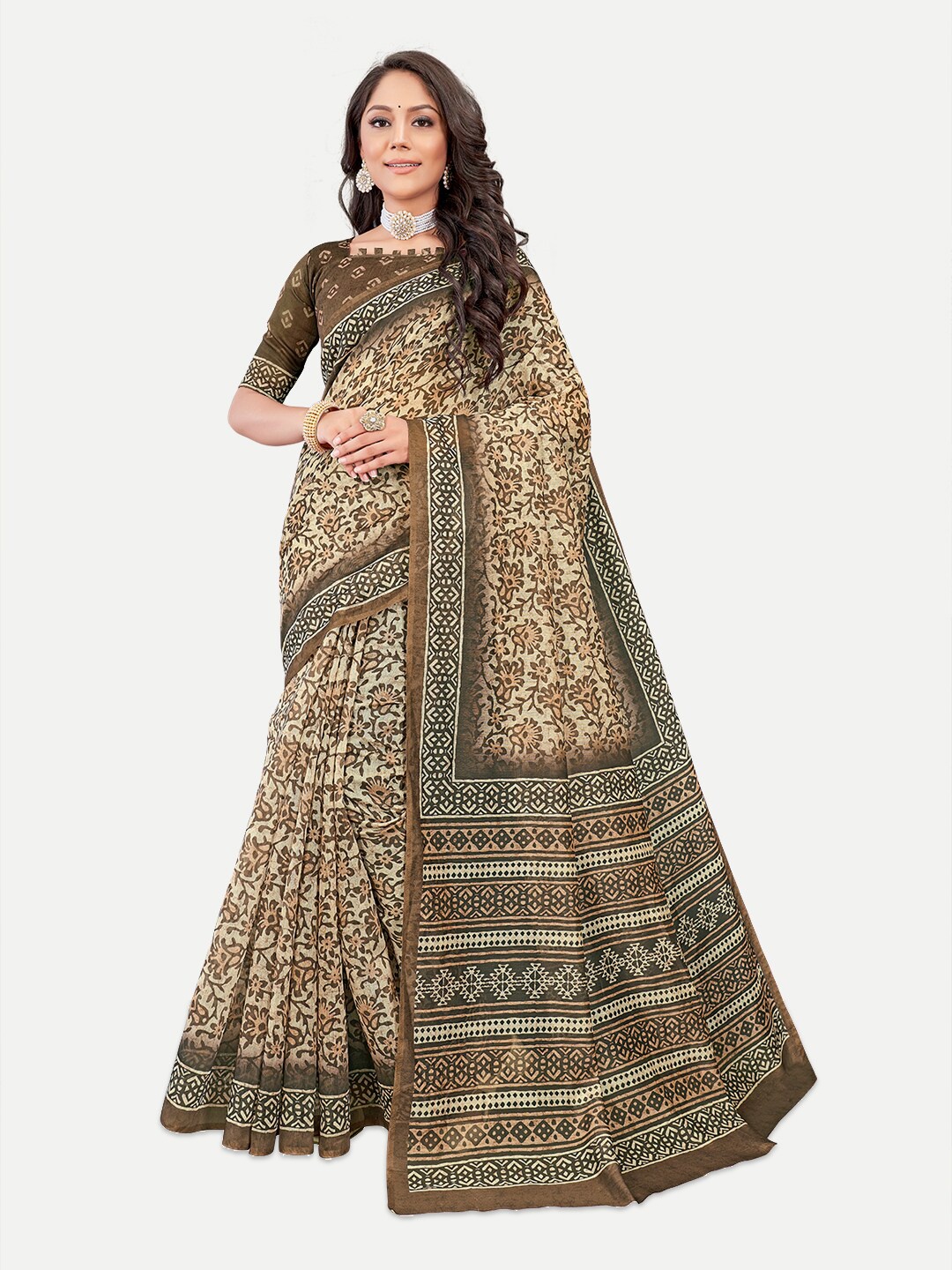 

TAVAS Floral Printed Silk Blend Chanderi Saree, Coffee brown