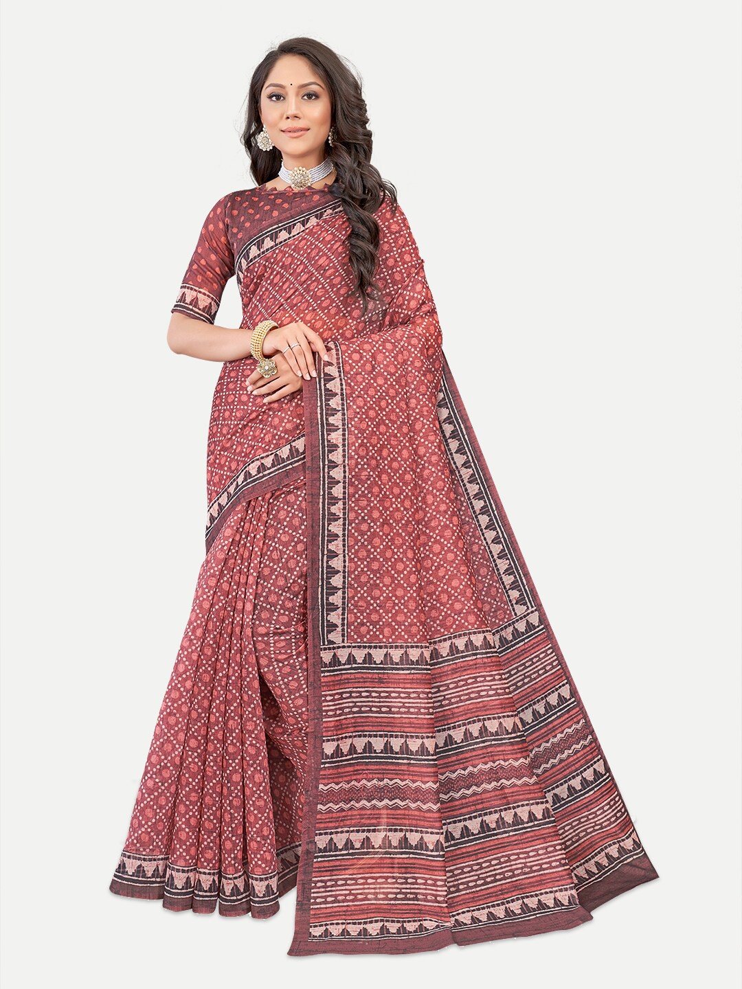 

TAVAS Geometric Printed Chanderi Saree, Maroon