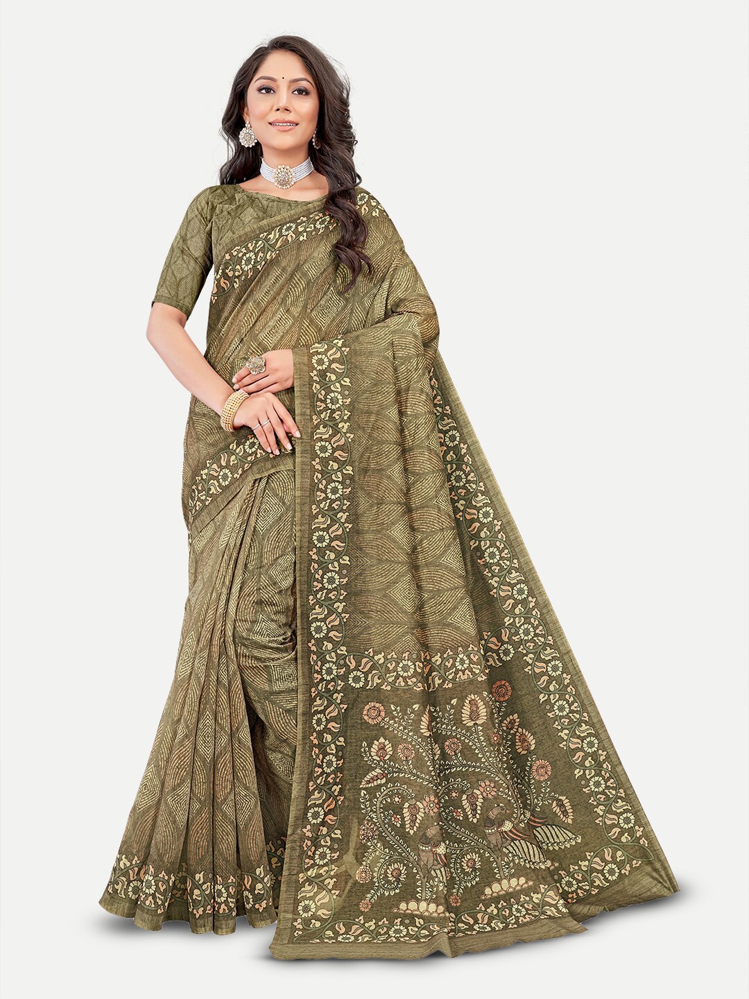 

TAVAS Geometric Printed Silk Blend Chanderi Saree, Olive