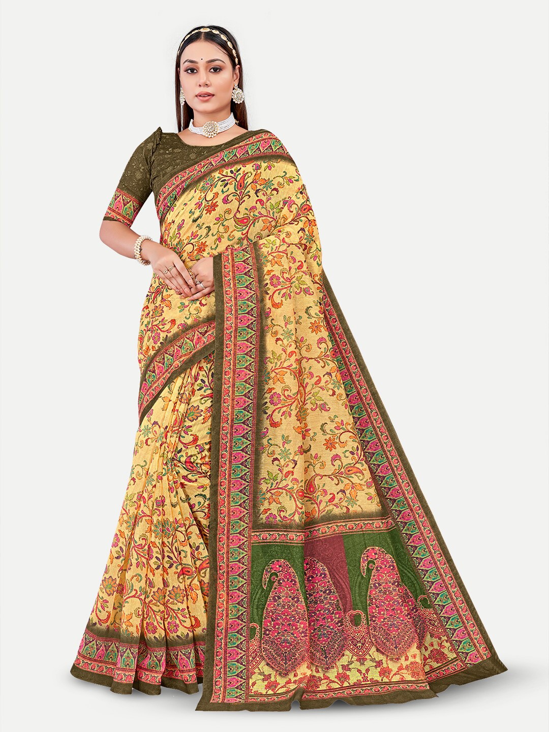 

TAVAS Ethnic Motifs Printed Silk Blend Chanderi Saree, Olive