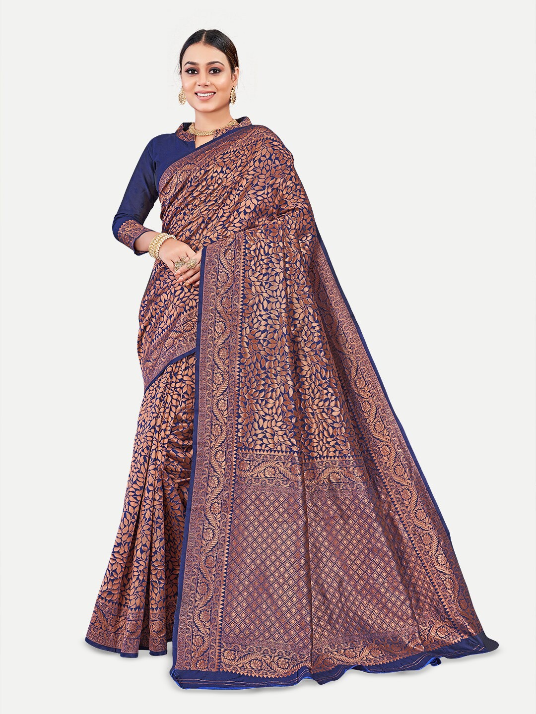 

TAVAS Ethnic Motifs Woven Design Zari Pure Georgette Banarasi Saree, Navy blue