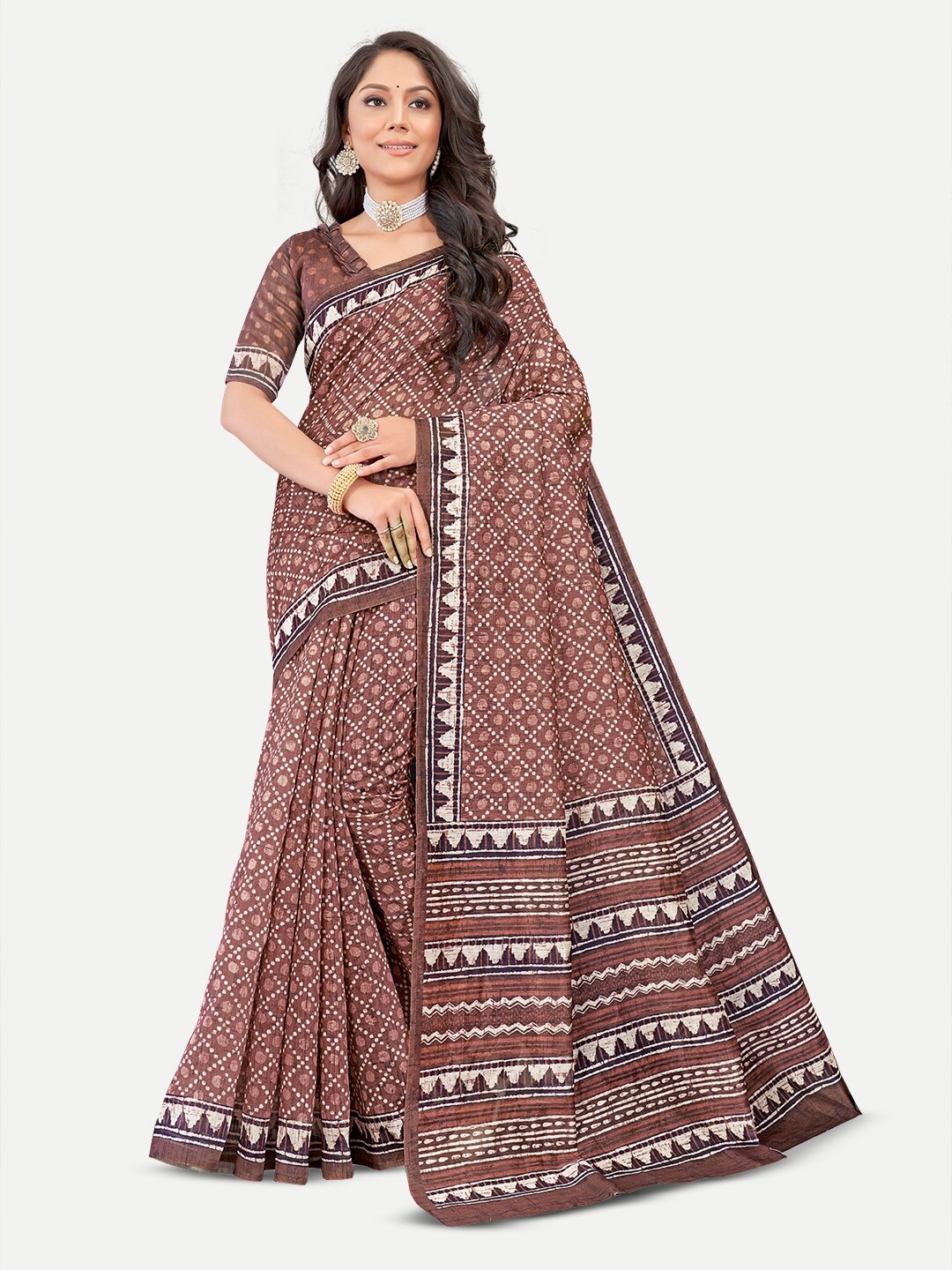 

TAVAS Geometric Printed Silk Blend Chanderi Saree, Coffee brown