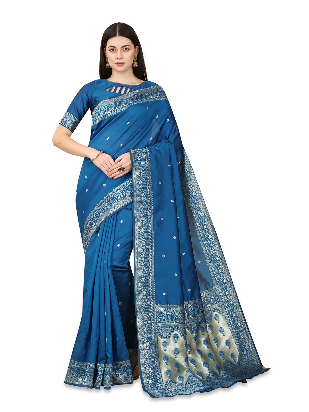 

TAVAS Ethnic Motifs Woven Design Zari Pure Georgette Banarasi Saree, Teal