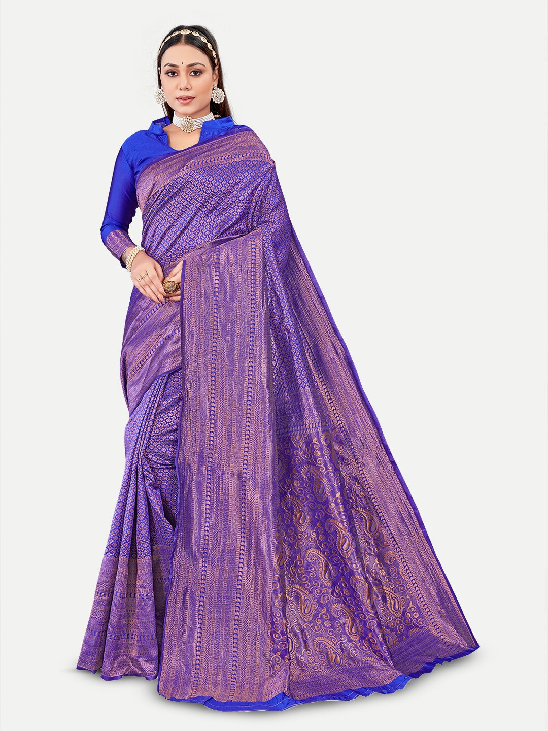 

TAVAS Ethnic Motifs Woven Design Zari Pure Georgette Banarasi Saree, Blue