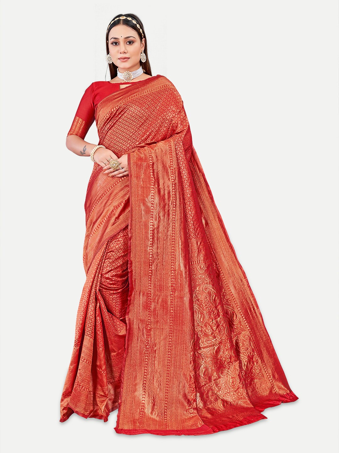 

TAVAS Ethnic Motifs Woven Design Zari Pure Georgette Banarasi Saree, Red