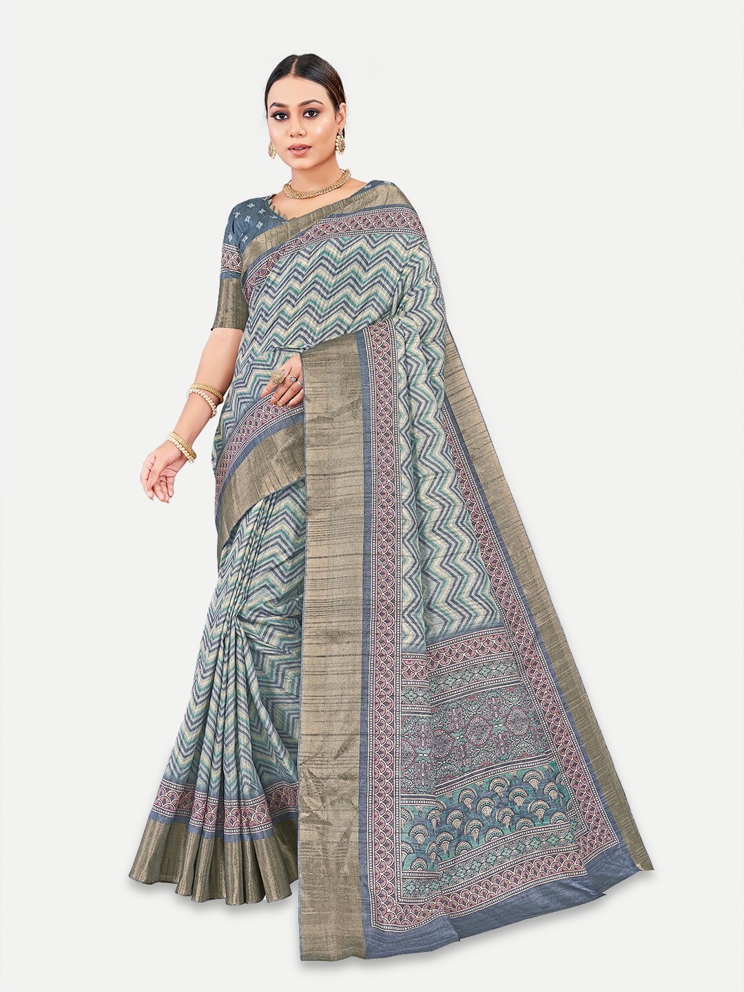 

TAVAS Geometric Printed Zari Silk Blend Kota Saree, Blue