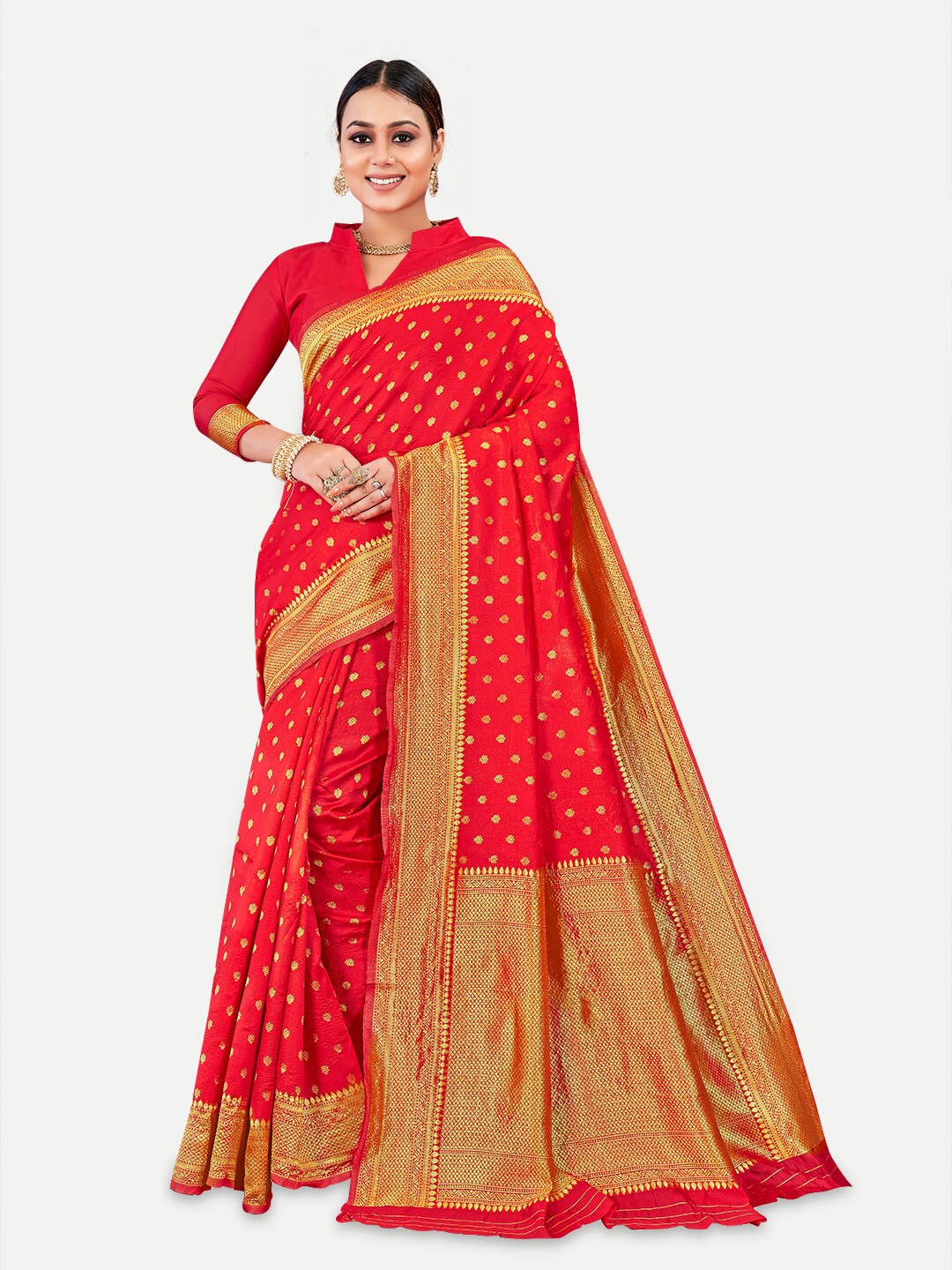 

TAVAS Ethnic Motifs Woven Design Zari Pure Georgette Banarasi Saree, Red