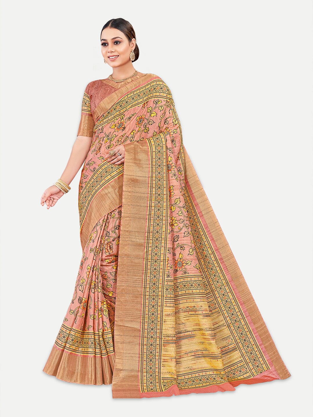 

TAVAS Floral Printed Silk Blend Kota Saree, Rust