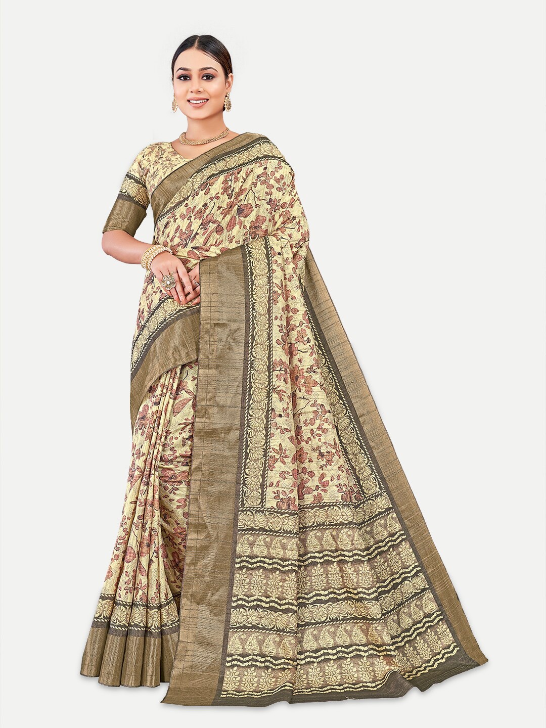 

TAVAS Floral Printed Zari Silk Blend Kota Saree, Coffee brown