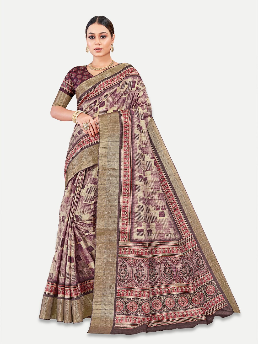 

TAVAS Abstract Printed Silk Blend Kota Saree, Maroon