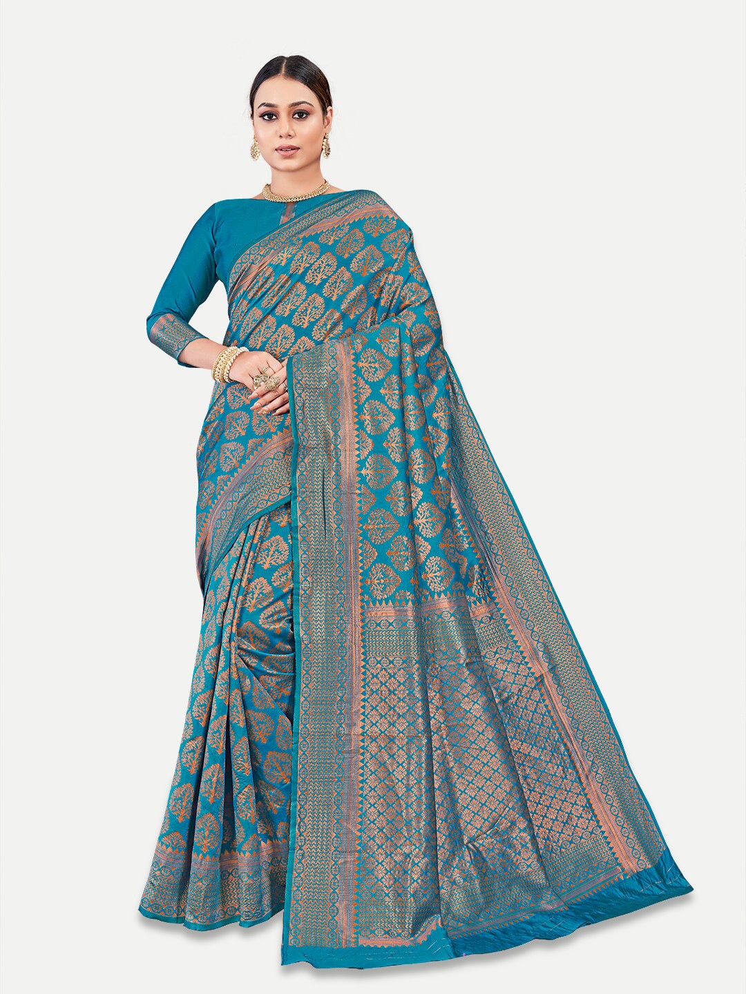 

TAVAS Ethnic Motifs Woven Design Zari Pure Georgette Banarasi Saree, Turquoise blue