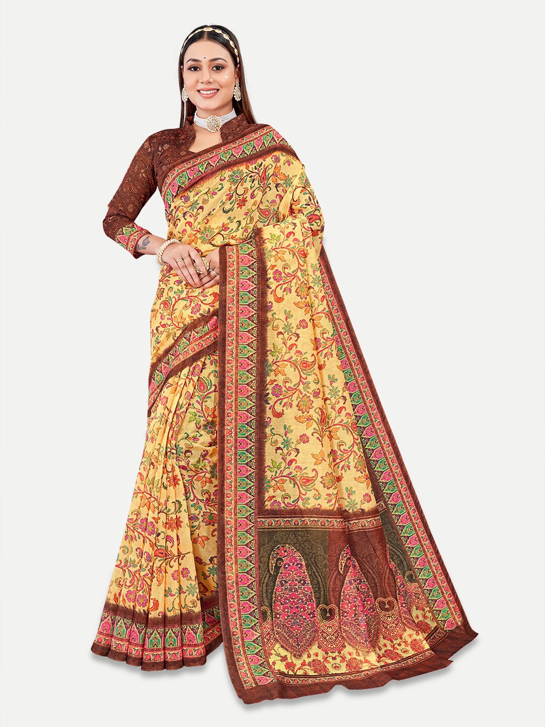 

TAVAS Paisley Printed Silk Blend Chanderi Saree, Coffee brown