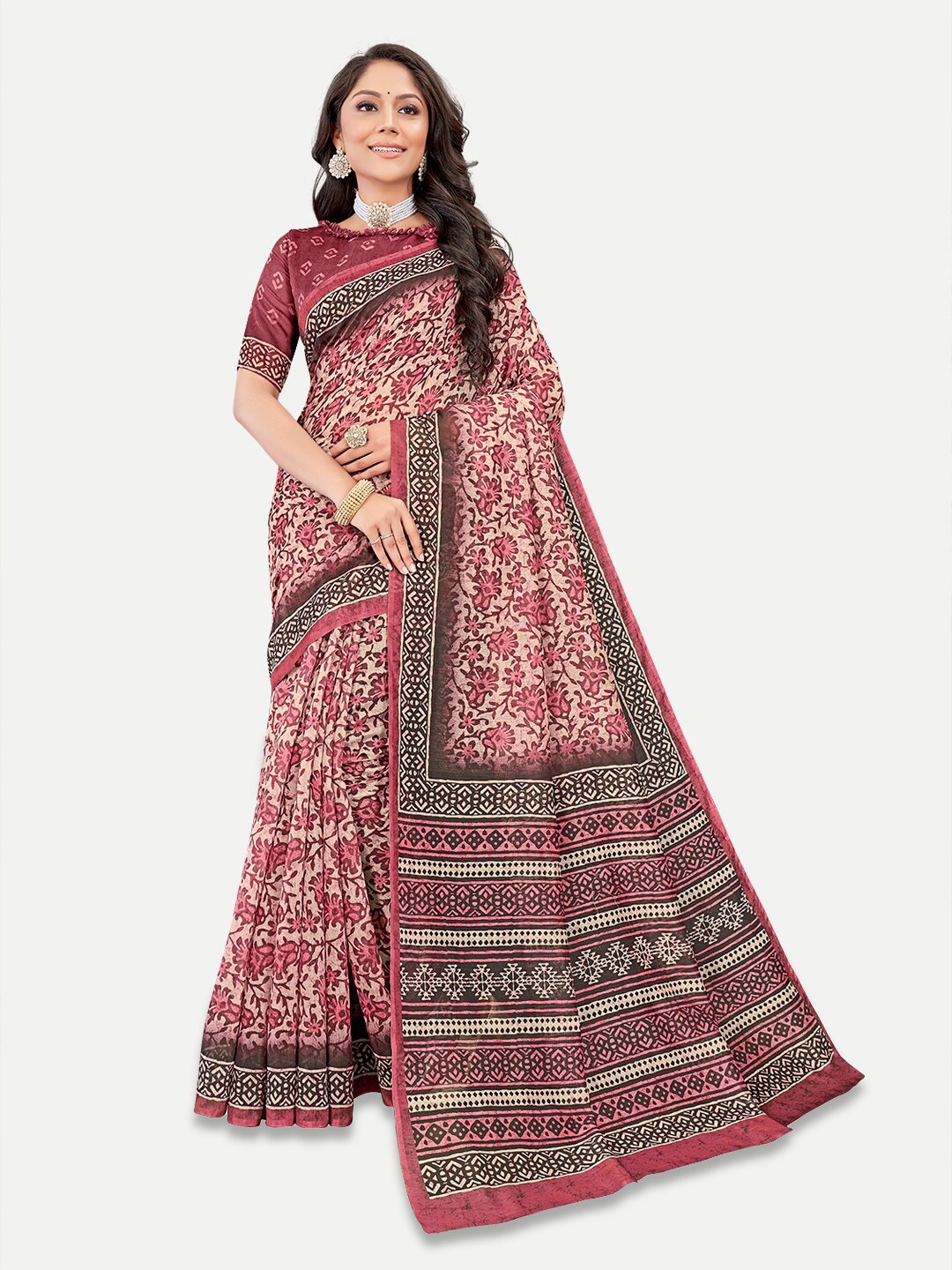 

TAVAS Floral Printed Chanderi Saree, Maroon
