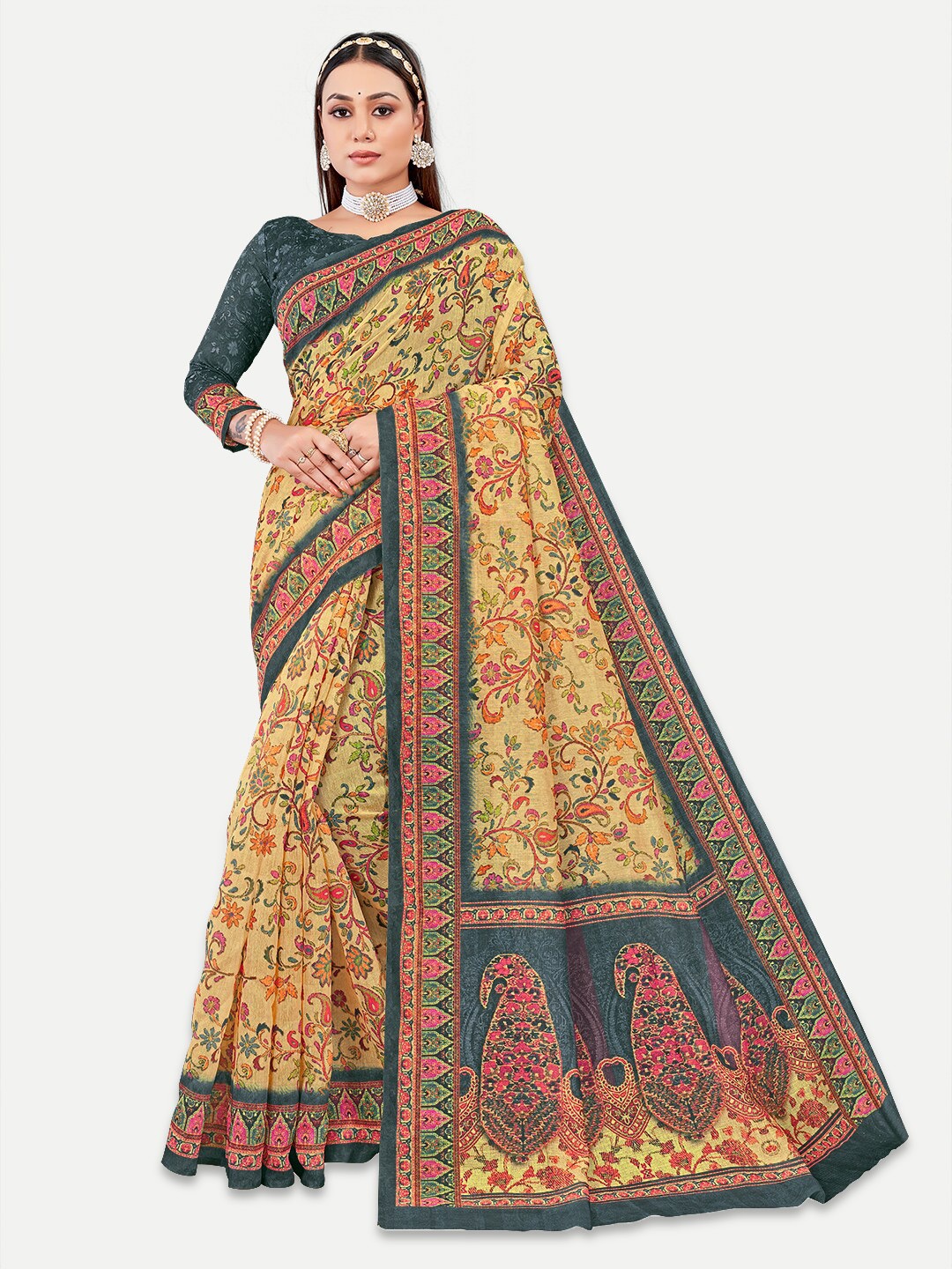 

TAVAS Floral Printed Chanderi Saree, Blue