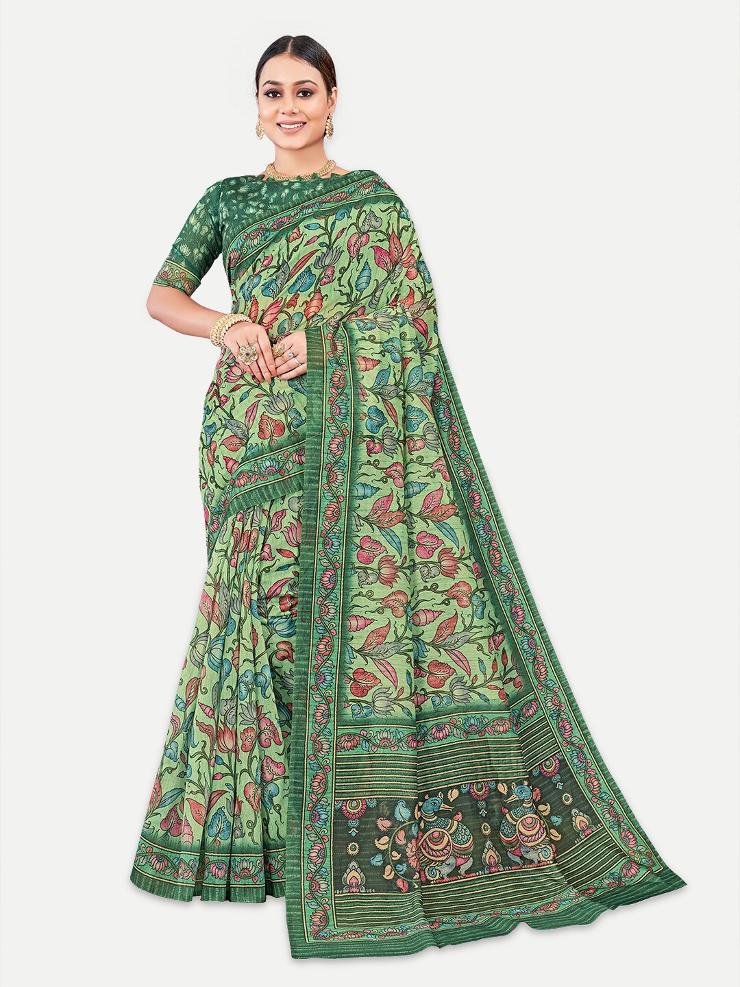 

TAVAS Kalamkari Printed Chanderi Saree, Green