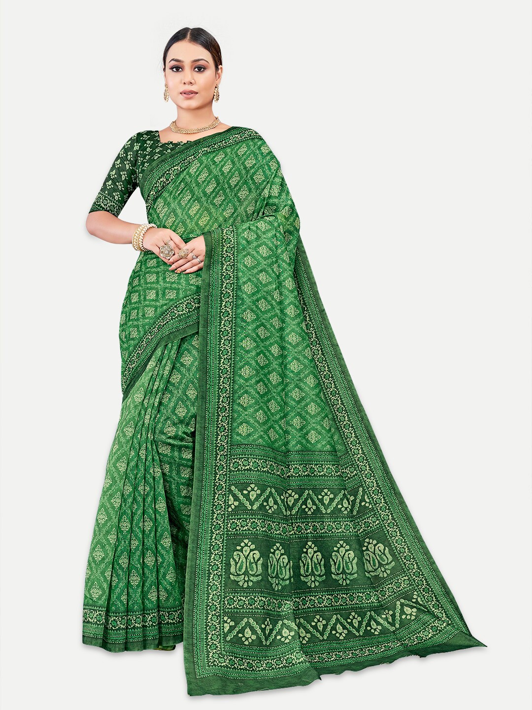 

TAVAS Ethnic Motifs Printed Silk Blend Chanderi Saree, Green