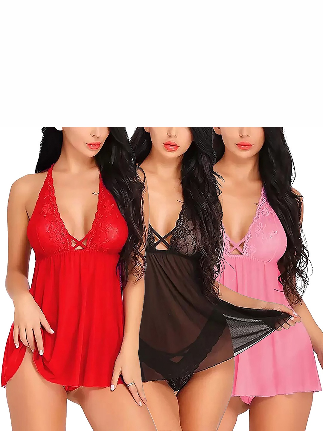 

AROUSY Pack of 3 Net Halter Neck Baby Doll, Red