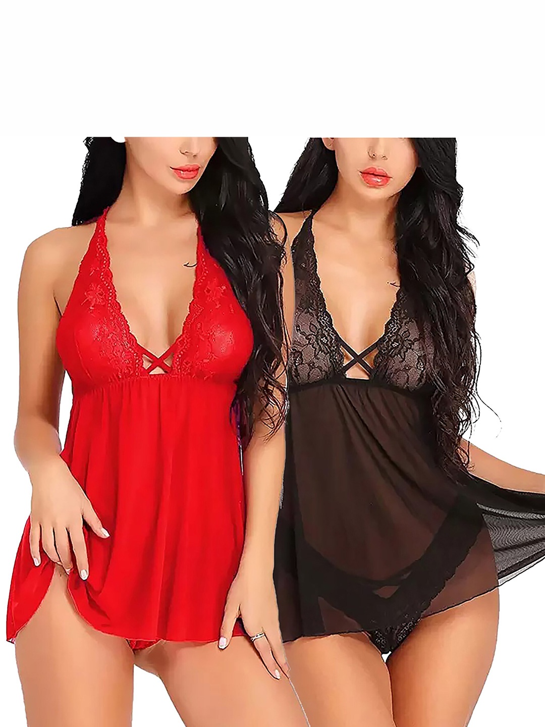 

AROUSY Pack of 2 Net Halter Neck Baby Doll, Red