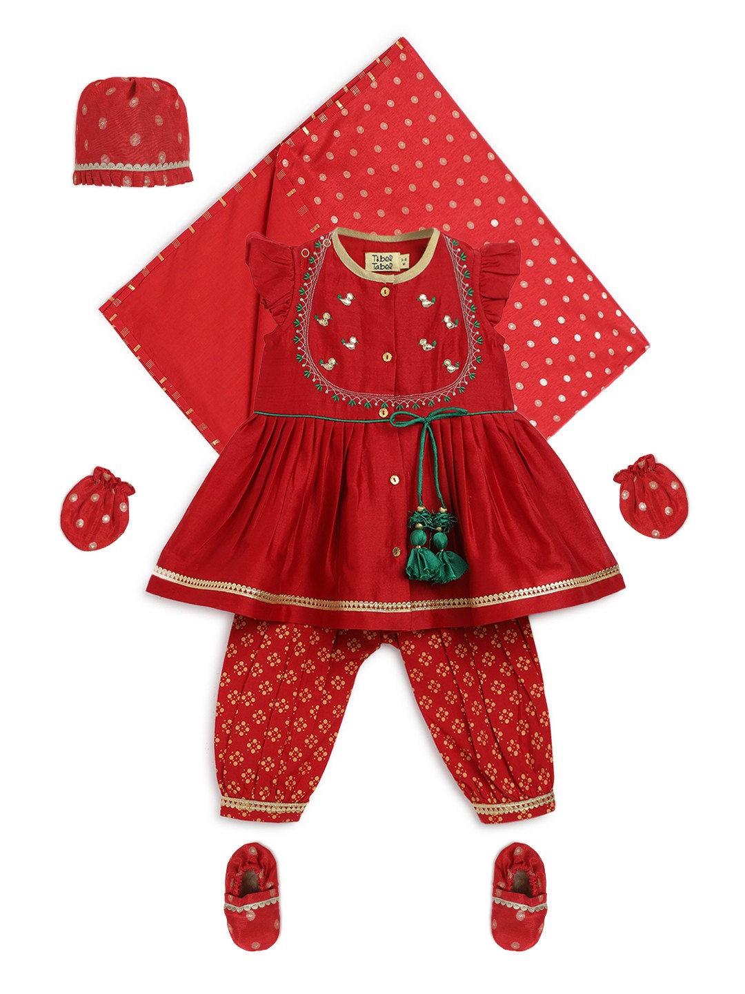 

Tiber Taber Infant Girls Bird Embroidery Jamna Set, Red