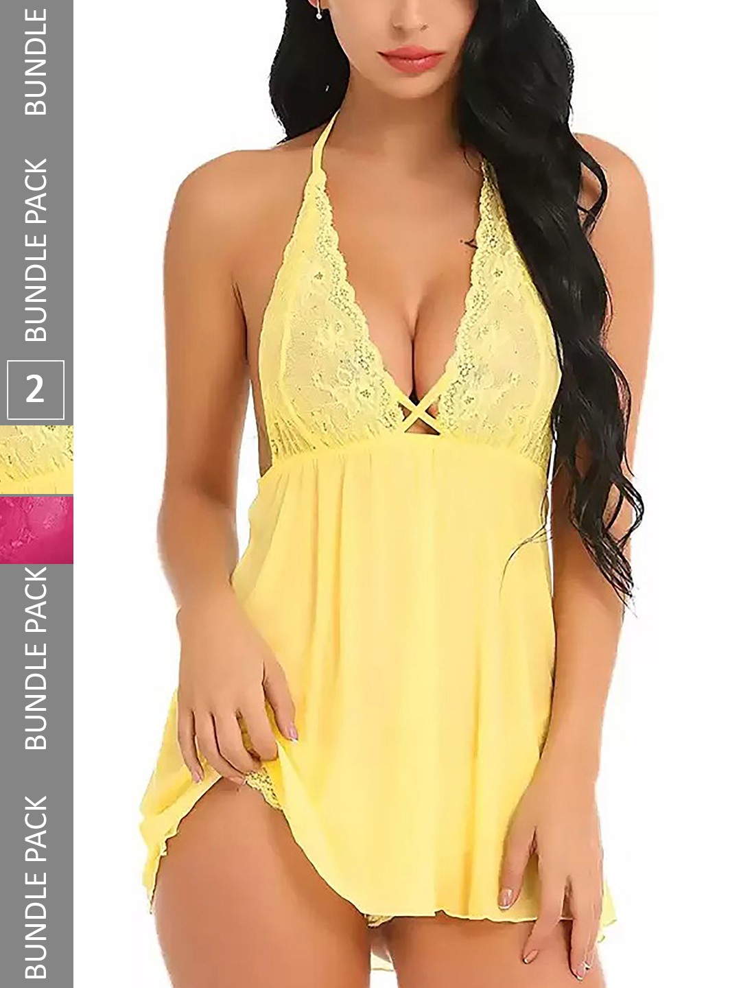

PIBU Pack Of 2 Self Design Halter Neck Lace Baby Doll, Yellow