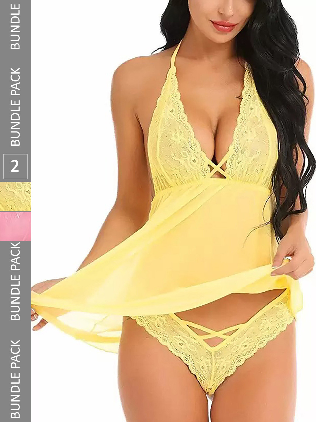 

PIBU Pack Of 2 Self Design Halter Neck Lace Baby Doll, Pink