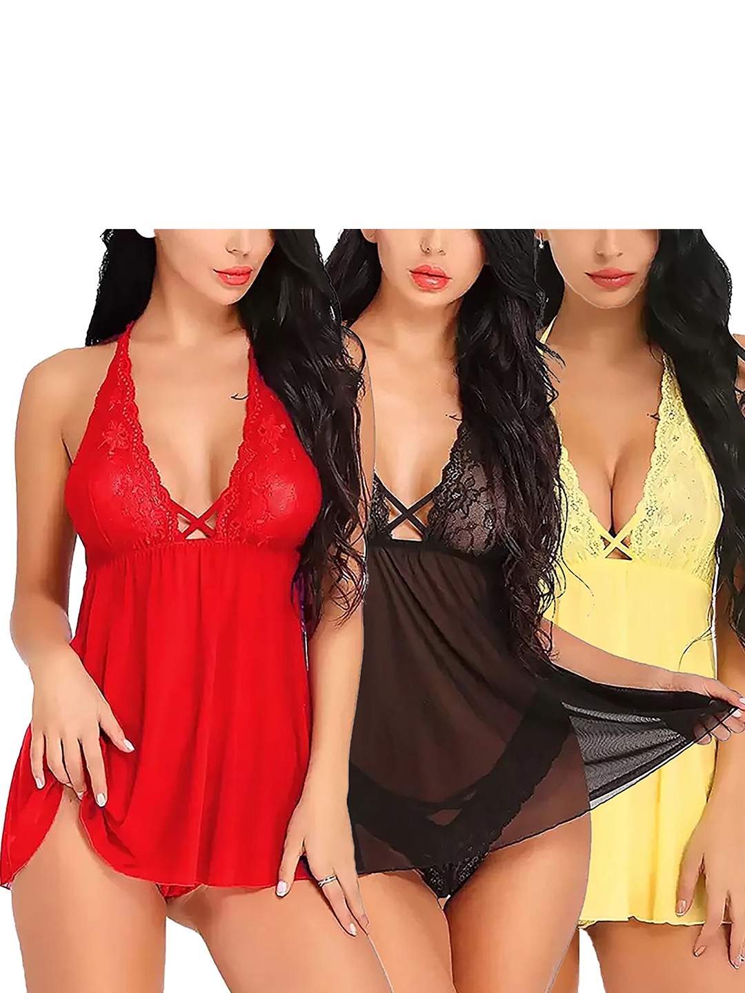 

PIBU Pack Of 3 Self Design Halter Neck Lace Baby Doll, Red