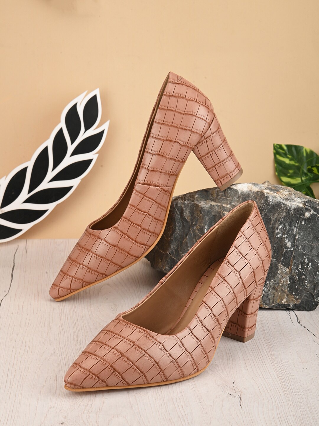 

DressBerry Beige Textured Pointed Toe Block Heel Pumps