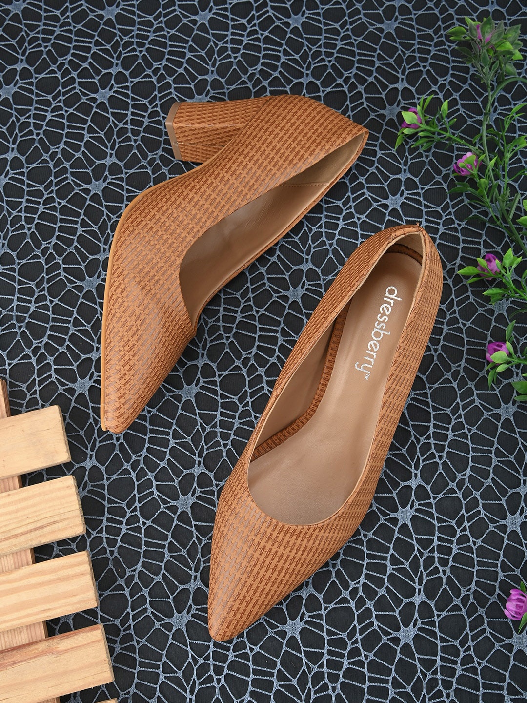

DressBerry Tan Brown Printed Pointed Toe Block Heel Pumps