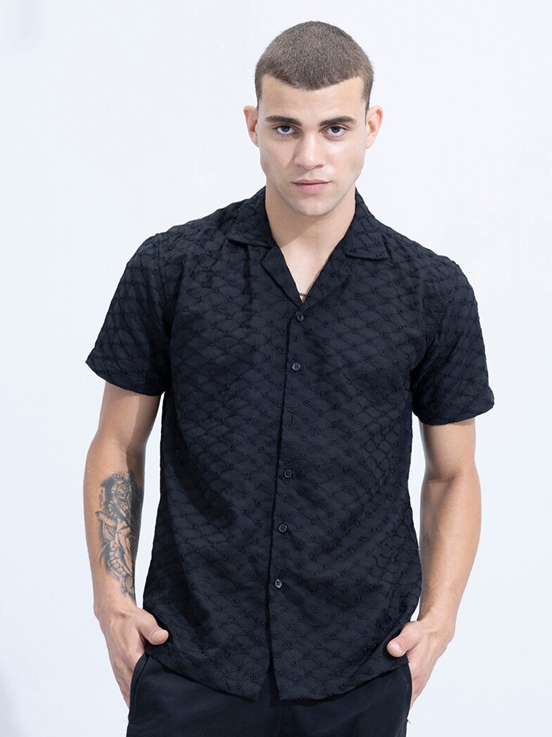 

Snitch Navy Blue Classic Self Design Boxy Pure Cotton Casual Shirt